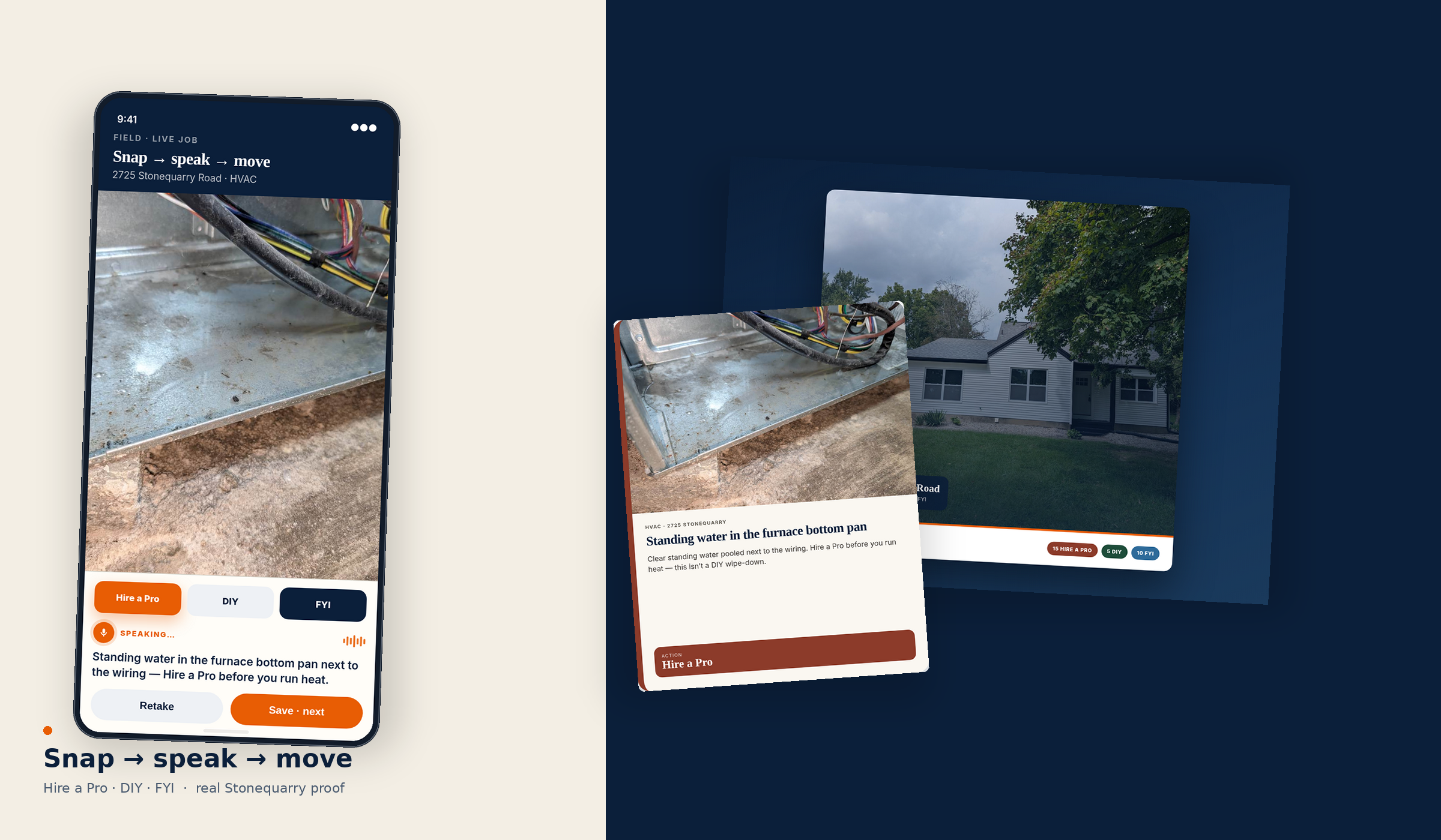 WALKED Field phone capture with stamped Hire a Pro finding and Stonequarry report cover — 15 Hire a Pro, 5 DIY, 10 FYI