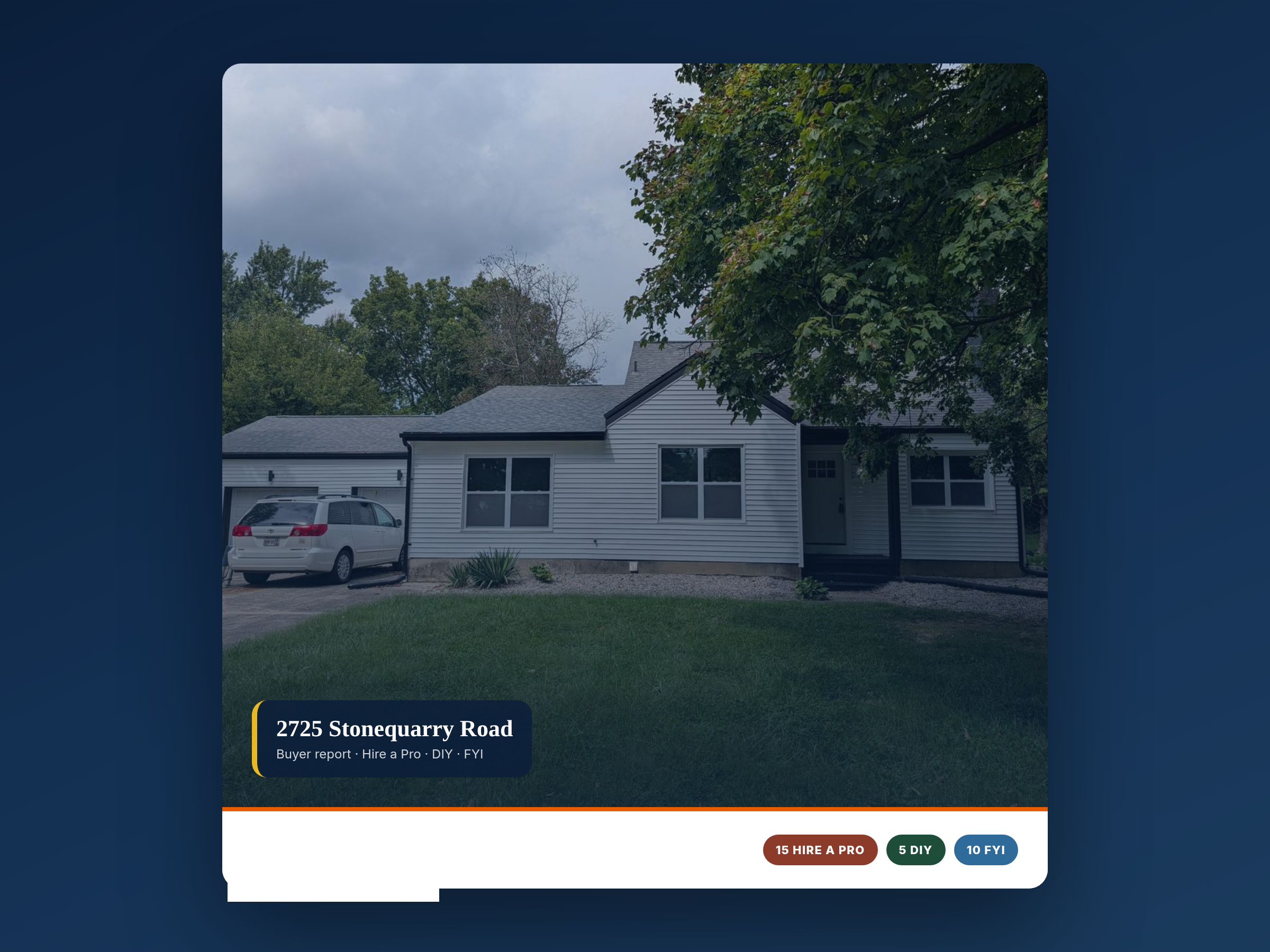2725 Stonequarry buyer report cover — 15 Hire a Pro, 5 DIY, 10 FYI